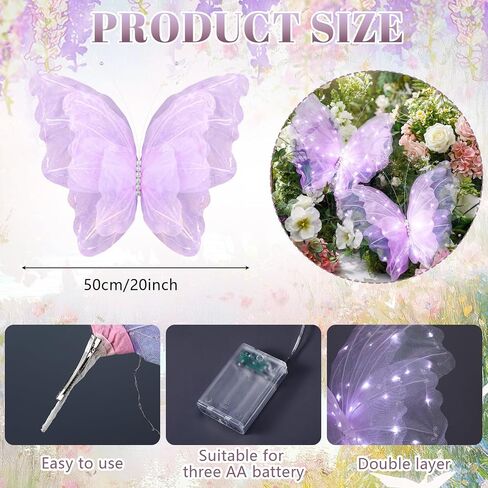 Yinkin 2 Pcs 20 Inch Large LED Butterfly Decorations Mariposas Grandes para Decoracion Giant Light up 3D Hanging Butterflies for Wedding Birthday Baby Shower Decor (Purple) in Kuwait