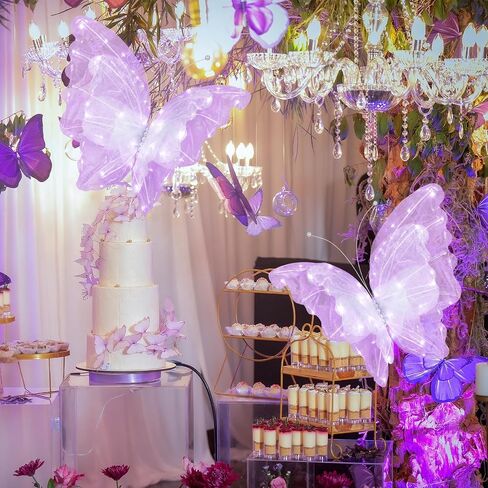 Yinkin 2 Pcs 20 Inch Large LED Butterfly Decorations Mariposas Grandes para Decoracion Giant Light up 3D Hanging Butterflies for Wedding Birthday Baby Shower Decor (Purple) in Kuwait