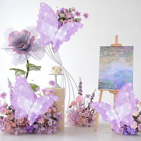 Yinkin 2 Pcs 20 Inch Large LED Butterfly Decorations Mariposas Grandes para Decoracion Giant Light up 3D Hanging Butterflies for Wedding Birthday Baby Shower Decor (Purple) in Kuwait