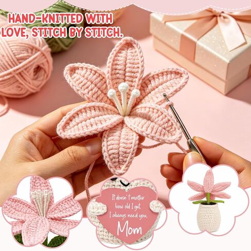Mother's Day,Birthday Gifts for Mom, Handmade Pink Lily Crochet, Unique Gifts for Mama Mother-in-Law Grandma Wife, Happy in Saudi Arabia