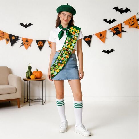 Dreamtop Scout Costume Set - 5 Pcs Scout Costume Women with Green Beret Sash Scarf Bowtie Socks for Halloween Party Dress Up in Saudi Arabia