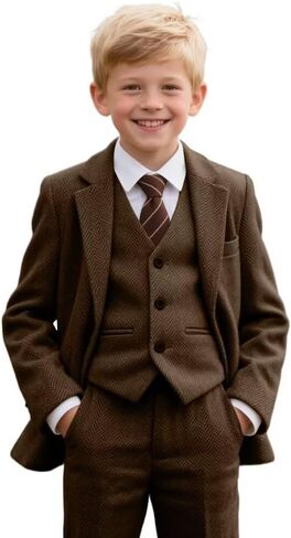 Formal Boys' Suit Set, 4 Piece Herringbone Tweed Boy Suit, Retro Vintage Wedding Ring Bearer Classic Outfits, Slim Fit Suit for Kids, Dark Brown Tweed Suits Size 10 in Saudi Arabia