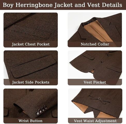 Formal Boys' Suit Set, 4 Piece Herringbone Tweed Boy Suit, Retro Vintage Wedding Ring Bearer Classic Outfits, Slim Fit Suit for Kids, Dark Brown Tweed Suits Size 10 in Saudi Arabia
