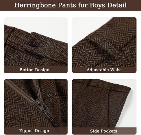 Formal Boys' Suit Set, 4 Piece Herringbone Tweed Boy Suit, Retro Vintage Wedding Ring Bearer Classic Outfits, Slim Fit Suit for Kids, Dark Brown Tweed Suits Size 10 in Saudi Arabia