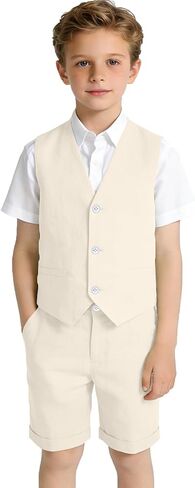 Boys Linen Suit 2 Pieces Short Suits for Boy Casual Outfit for Kids Vest and Pants for Summer Beach Wedding in Saudi Arabia