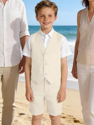 Boys Linen Suit 2 Pieces Short Suits for Boy Casual Outfit for Kids Vest and Pants for Summer Beach Wedding in Saudi Arabia