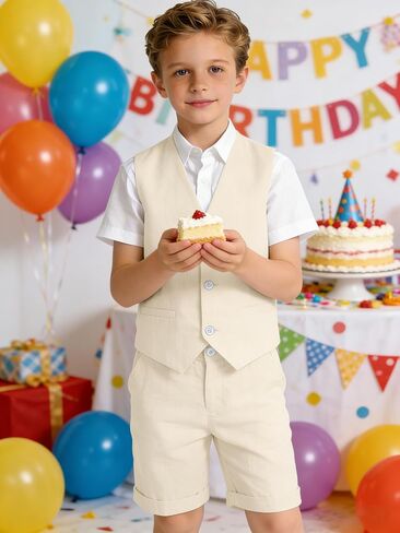 Boys Linen Suit 2 Pieces Short Suits for Boy Casual Outfit for Kids Vest and Pants for Summer Beach Wedding in Saudi Arabia