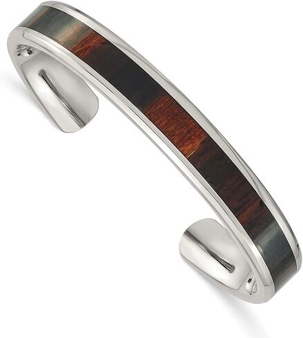 Stainless Steel Polished with Enameled Koa Wood Inlay Cuff Bangle Bracelet 7.5" in Kuwait