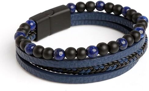 Multi-Layer Beaded Leather Bracelet 1-Pack - Braided Leather Cuff with Decorative Beads (Black, Navy Blue, Brown Options) in Kuwait