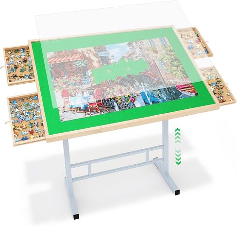 Fanwer Puzzle Table with Drawers 1500 Piece, Jigsaw Puzzle Tabe with Legs Adjustable Angle & Height, Tilting Puzzle Tables for Adults with Cover Plastic, for Mothers' Day, Birthday in Kuwait