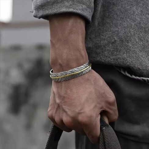 Men's adjustable feather bracelet, retro ethnic style turquoise feather shape, durable alloy structure, versatile for daily commuting and business wear, birthday gifts in Kuwait
