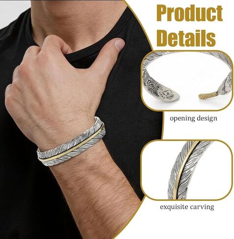 Men's adjustable feather bracelet, retro ethnic style turquoise feather shape, durable alloy structure, versatile for daily commuting and business wear, birthday gifts in Kuwait