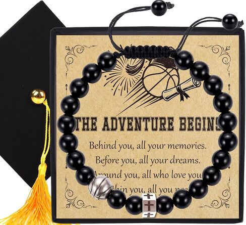 Cross Bracelet for Men, Black Beaded Bracelet with Stainless Steel Cross Charm and Soccer/Basketball Accent, Adjustable Christian Bracelet for Men, Sports Jewelry Gift for Husband Son Boyfriend in Kuwait