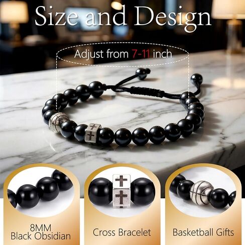 Cross Bracelet for Men, Black Beaded Bracelet with Stainless Steel Cross Charm and Soccer/Basketball Accent, Adjustable Christian Bracelet for Men, Sports Jewelry Gift for Husband Son Boyfriend in Kuwait
