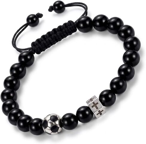 Cross Bracelet for Men, Black Beaded Bracelet with Stainless Steel Cross Charm and Soccer/Basketball Accent, Adjustable Christian Bracelet for Men, Sports Jewelry Gift for Husband Son Boyfriend in Kuwait