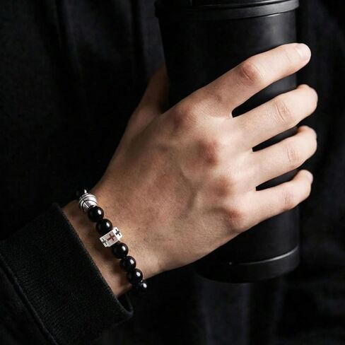 Cross Bracelet for Men, Black Beaded Bracelet with Stainless Steel Cross Charm and Soccer/Basketball Accent, Adjustable Christian Bracelet for Men, Sports Jewelry Gift for Husband Son Boyfriend in Kuwait