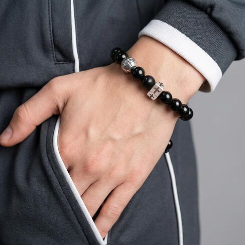 Cross Bracelet for Men, Black Beaded Bracelet with Stainless Steel Cross Charm and Soccer/Basketball Accent, Adjustable Christian Bracelet for Men, Sports Jewelry Gift for Husband Son Boyfriend in Kuwait