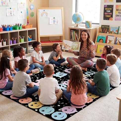 Nuanchu Pastel Laugh Face Classroom Rug This is Our Happy Place on Black Composition Notebook Educational Area Rug for Classroom Decoration, Play Carpet for Teaching and Playroom, 5' x 7'6 in Kuwait
