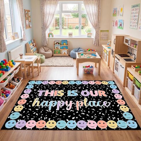 Nuanchu Pastel Laugh Face Classroom Rug This is Our Happy Place on Black Composition Notebook Educational Area Rug for Classroom Decoration, Play Carpet for Teaching and Playroom, 5' x 7'6 in Kuwait