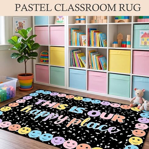 Nuanchu Pastel Laugh Face Classroom Rug This is Our Happy Place on Black Composition Notebook Educational Area Rug for Classroom Decoration, Play Carpet for Teaching and Playroom, 5' x 7'6 in Kuwait