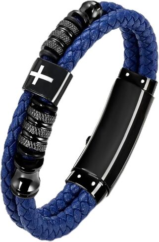 Mens Bracelets Fathers Day Jewelry Gifts, Black Double Row Braided Leather Cross Bracelet for Men, Stainless Steel Adjustable Buckle Printed With Bible Verses Christian Religious Gift Perfect for Weddings, Parties, and Graduation Ceremonies in Kuwait