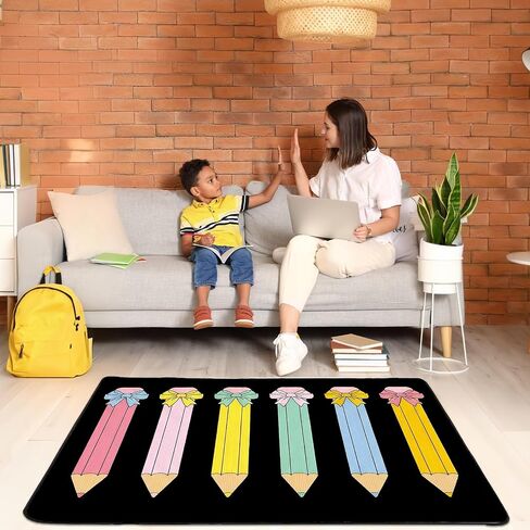 3.3x6.6 ft Pencil Coquette Bow Classroom Rug Pencil Bowknot Play Carpet Educational Area Rug Colorful Play Mat Non-Slip Back to School Floor Mat for Teaching Playroom Nursery Daycare Home Decor in Saudi Arabia