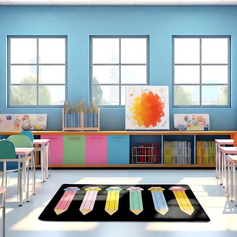 3.3x6.6 ft Pencil Coquette Bow Classroom Rug Pencil Bowknot Play Carpet Educational Area Rug Colorful Play Mat Non-Slip Back to School Floor Mat for Teaching Playroom Nursery Daycare Home Decor in Saudi Arabia