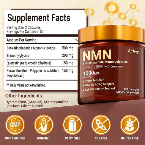Airboy NMN Supplement 1000mg, 4-in-1 NAD+ Supplement with Nicotinamide Mononucleotide, Resveratrol, TMG, Quercetin, NMNH Alternative, Energy, Focus- 100 Count in Saudi Arabia