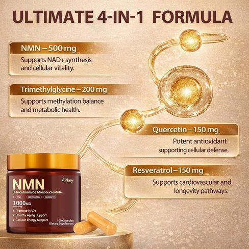 Airboy NMN Supplement 1000mg, 4-in-1 NAD+ Supplement with Nicotinamide Mononucleotide, Resveratrol, TMG, Quercetin, NMNH Alternative, Energy, Focus- 100 Count in Saudi Arabia