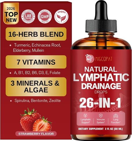 Migcopat 26-in-1 Liposomal Lymphatic Drainage Drops with Turmeric, Echinacea, Vitamins, Dandelion, Zeolite for Swelling, Bloating, Immune, Lung Support, Vegan, Alcohol-Free, Strawberry Flavor, 2 fl oz in Saudi Arabia
