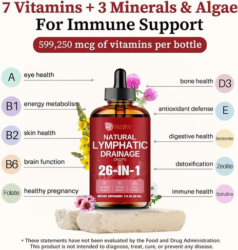 Migcopat 26-in-1 Liposomal Lymphatic Drainage Drops with Turmeric, Echinacea, Vitamins, Dandelion, Zeolite for Swelling, Bloating, Immune, Lung Support, Vegan, Alcohol-Free, Strawberry Flavor, 2 fl oz in Saudi Arabia