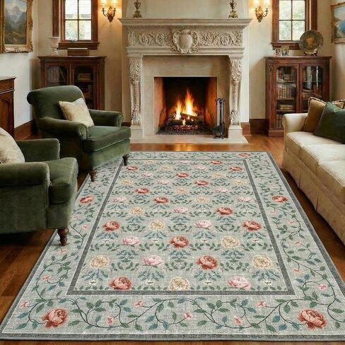 GarveeHome Floral Living Room Rugs, Washable 8x10 Area Rug Vintage Soft Boho Non-Slip Carpet Indoor Floor Stain Resistant Carpets for Bedroom Dining Room Nursery Farmhouse, Navy Blue in Kuwait