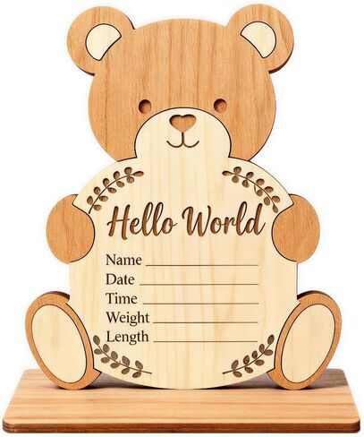 Baby Announcement Sign - Nursery Decoration with Base,Wooden Hello World Newborn Sign Name Date Time Weight Length Board,Newborn Announcement Great Keepsake for New Parents,Hospital Door Sign in Saudi Arabia