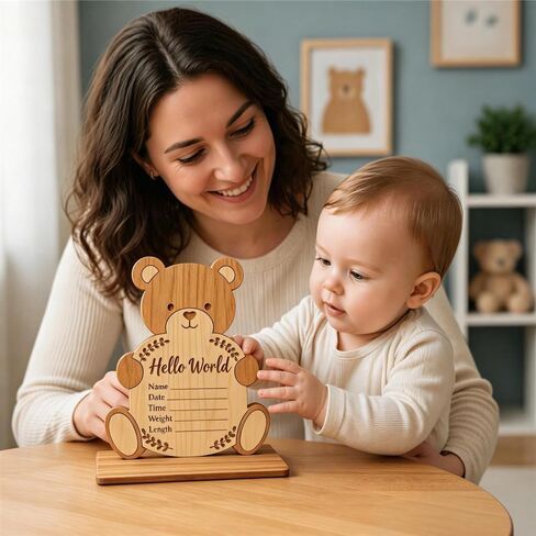 Baby Announcement Sign - Nursery Decoration with Base,Wooden Hello World Newborn Sign Name Date Time Weight Length Board,Newborn Announcement Great Keepsake for New Parents,Hospital Door Sign in Saudi Arabia