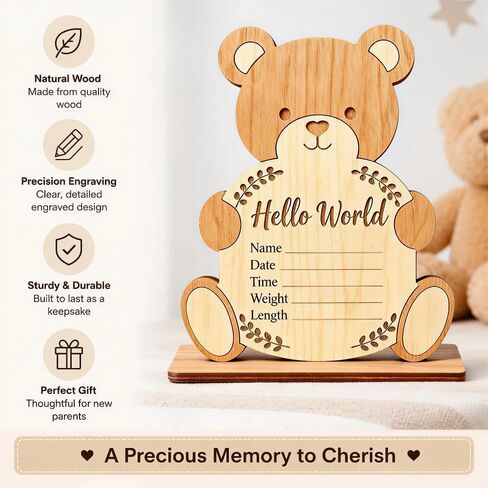 Baby Announcement Sign - Nursery Decoration with Base,Wooden Hello World Newborn Sign Name Date Time Weight Length Board,Newborn Announcement Great Keepsake for New Parents,Hospital Door Sign in Saudi Arabia