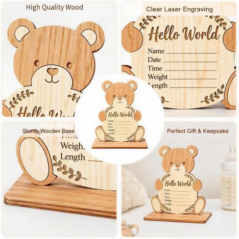 Baby Announcement Sign - Nursery Decoration with Base,Wooden Hello World Newborn Sign Name Date Time Weight Length Board,Newborn Announcement Great Keepsake for New Parents,Hospital Door Sign in Saudi Arabia