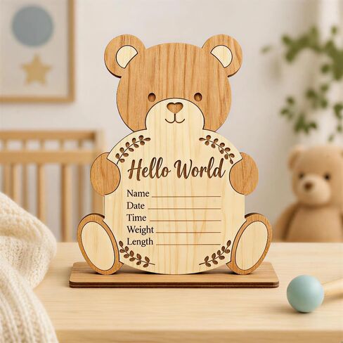 Baby Announcement Sign - Nursery Decoration with Base,Wooden Hello World Newborn Sign Name Date Time Weight Length Board,Newborn Announcement Great Keepsake for New Parents,Hospital Door Sign in Saudi Arabia