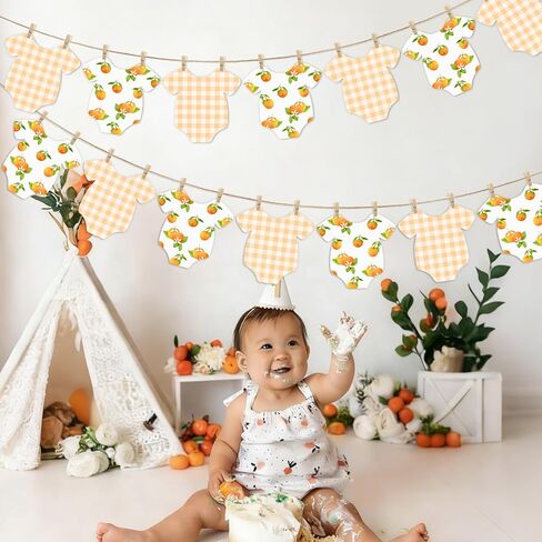 Orange Themed Baby Shower Bunting Banner Orange Checkered Onesie Garland with Wooden Clips for Citrus First Birthday, Sweet One Party Decorations in Saudi Arabia