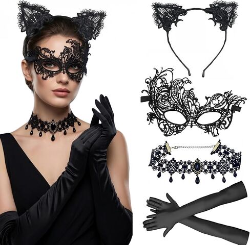 4-Piece Women's Masquerade Mask Set, Cat Ears Headband, Lace Choker, Black Long Satin Gloves, Gothic Halloween Accessories for Costume Party, Prom & Formal Balls (Black) in Saudi Arabia