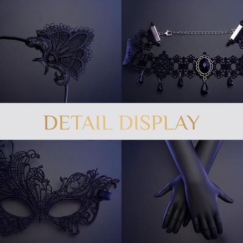 4-Piece Women's Masquerade Mask Set, Cat Ears Headband, Lace Choker, Black Long Satin Gloves, Gothic Halloween Accessories for Costume Party, Prom & Formal Balls (Black) in Saudi Arabia