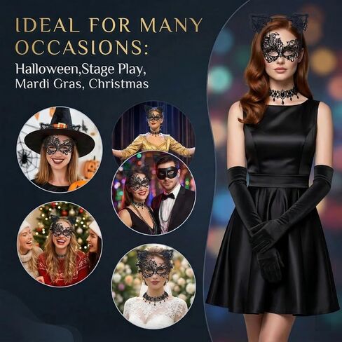 4-Piece Women's Masquerade Mask Set, Cat Ears Headband, Lace Choker, Black Long Satin Gloves, Gothic Halloween Accessories for Costume Party, Prom & Formal Balls (Black) in Saudi Arabia