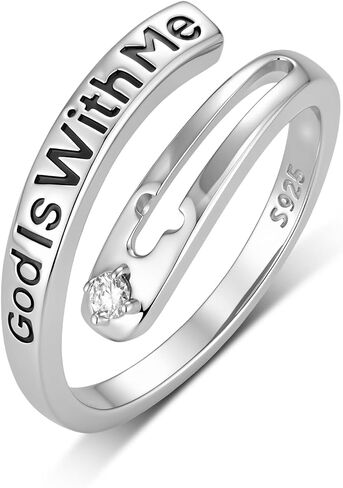 Lab Grown Diamond God Is With Me Ring Size 7 for Women, 925 Sterling Silver Lab Diamond Inspirational Ring Open Band Religious Faith Jewelry Gift in Kuwait