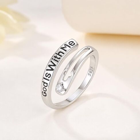Lab Grown Diamond God Is With Me Ring Size 7 for Women, 925 Sterling Silver Lab Diamond Inspirational Ring Open Band Religious Faith Jewelry Gift in Kuwait