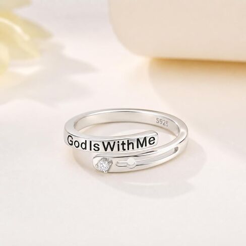 Lab Grown Diamond God Is With Me Ring Size 7 for Women, 925 Sterling Silver Lab Diamond Inspirational Ring Open Band Religious Faith Jewelry Gift in Kuwait