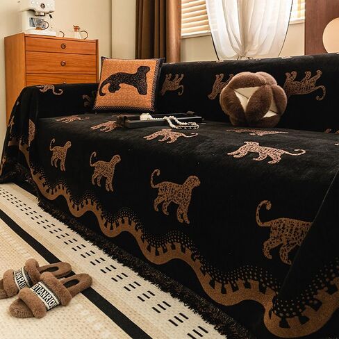 Chenille Sofa Cover for Home Office RV Cover Washable Couch Protector, Vintage Fringe Soft Couch Cover with Tassels, Washable Furniture Protector for Pets & Kids (Black, 71 * 150in) in Saudi Arabia