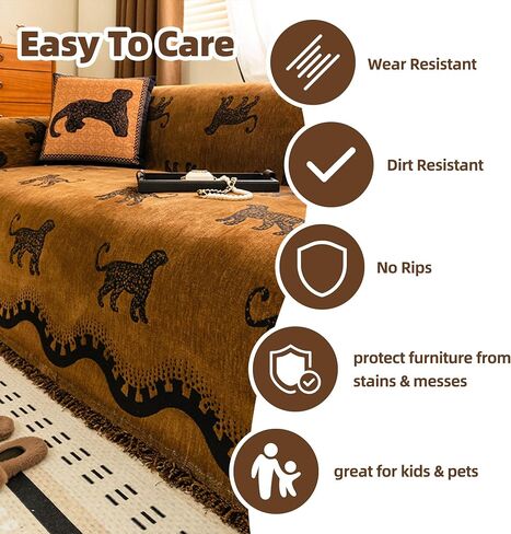 Chenille Sofa Cover for Home Office RV Cover Washable Couch Protector, Vintage Fringe Soft Couch Cover with Tassels, Washable Furniture Protector for Pets & Kids (Black, 71 * 150in) in Saudi Arabia