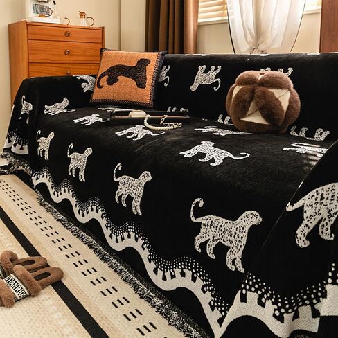 Chenille Sofa Cover for Home Office RV Cover Washable Couch Protector, Vintage Fringe Soft Couch Cover with Tassels, Washable Furniture Protector for Pets & Kids (Black, 71 * 150in) in Saudi Arabia