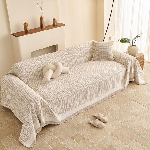 Couch Covers for Dogs 3 Cushion Reversible, Sofa Cover Washable, Loveseat Slipcovers for Pet, Furniture Protector for Sectional, Couch Cover Blanket, Wavy Stripe Chenille, Khaki, 71"x118" in Saudi Arabia