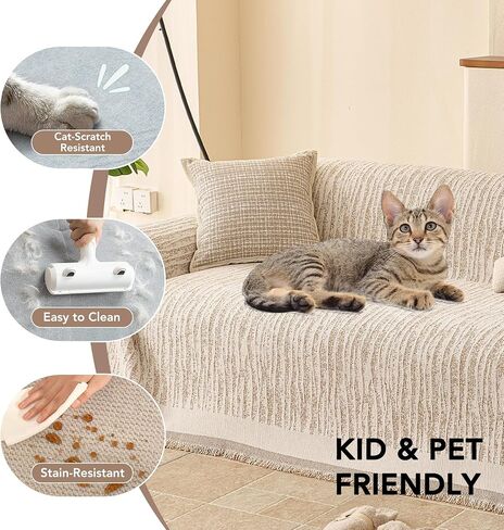 Couch Covers for Dogs 3 Cushion Reversible, Sofa Cover Washable, Loveseat Slipcovers for Pet, Furniture Protector for Sectional, Couch Cover Blanket, Wavy Stripe Chenille, Khaki, 71"x118" in Saudi Arabia