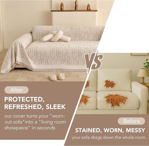 Couch Covers for Dogs 3 Cushion Reversible, Sofa Cover Washable, Loveseat Slipcovers for Pet, Furniture Protector for Sectional, Couch Cover Blanket, Wavy Stripe Chenille, Khaki, 71"x118" in Saudi Arabia